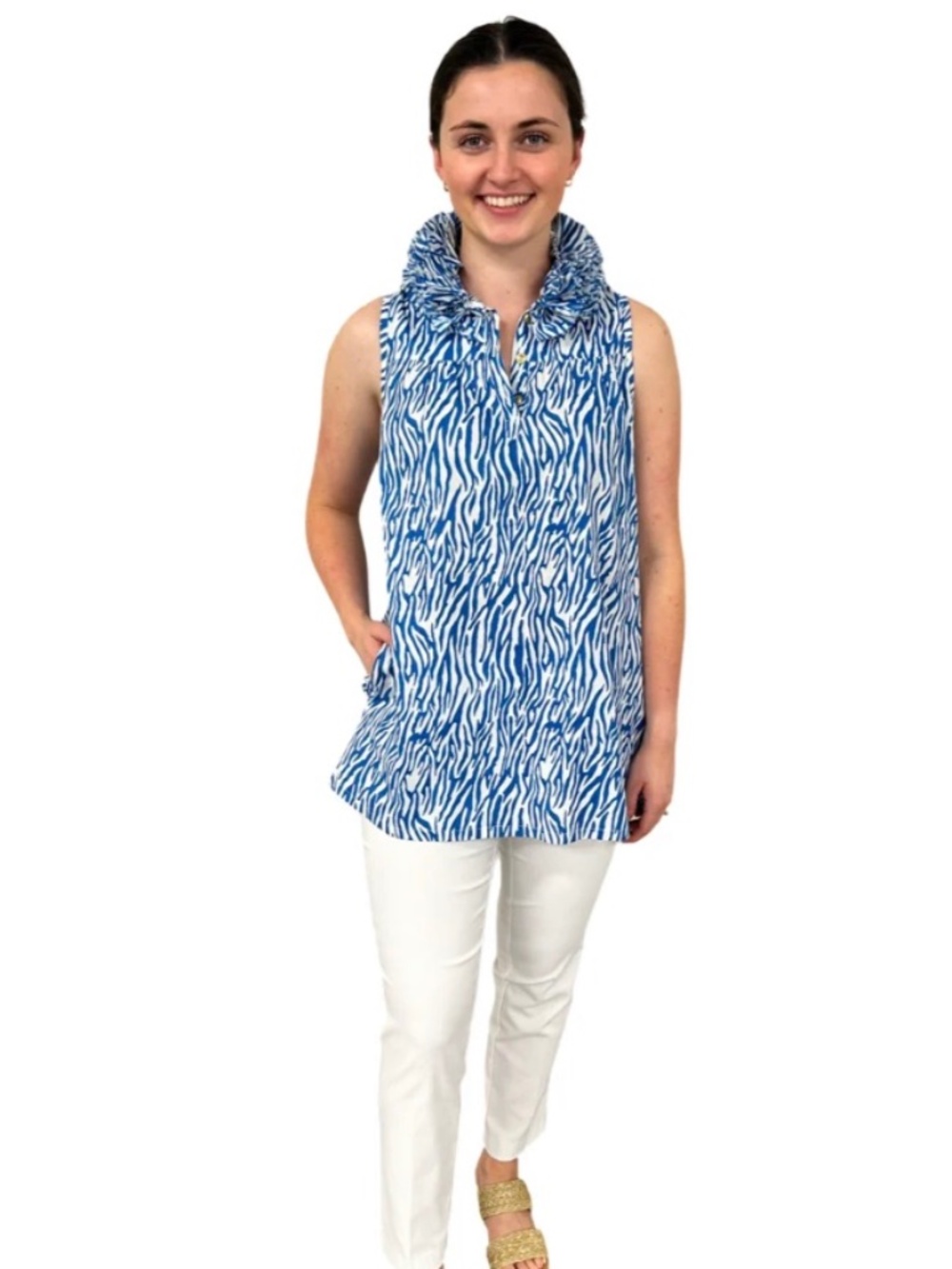 LIZA BYRD Newport Sleeveless Ruffle Collar Tunic in Blue White Zebra Stripe, NWT